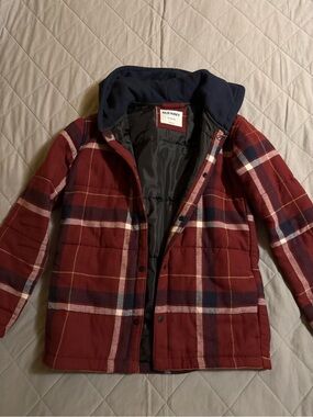 Old Navy Burgundy Plaid Hooded Puffer Jacket with Navy Hood